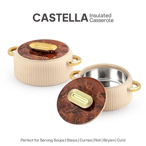 Image of CELLO Castella Insulated Steel Casserole Hot Box Set of 2 Pcs for Kitchen 1000ml Gold Beige | Airtight Serving Hot Pot Case Keeps Food Hot & Warm for Long Hours, Casserole Set for Roti Chapati Rice