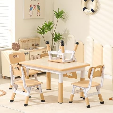 SINKIPA Height-Adjustable Kids Table and Chairs, 31.5''L x 23.6''W Toddler Table and 4 Chairs Set with Anti-Slip Foot Covers, Children Activity Table for Ages 2-10, Graffiti Desktop Cover