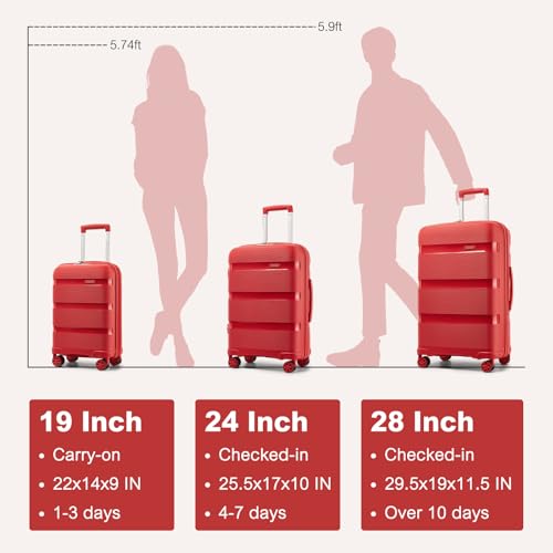 Image of Kono Carry On Luggage 20 Inch Expandable 22x14x9 Airline Approved Hard Shell Travel Trolley 4 Spinner Wheels Lightweight Polypropylene Suitcase with TSA Lock, Red