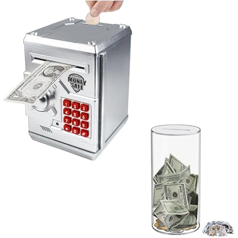 Totola Clear and Unopenable Transparent Piggy Bank with 50 pcs Sticker (Medium) + Electronic Piggy Bank Mini ATM for Kids Baby Toy with Password (Silver) Cover