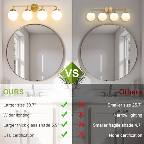 Image of Bathroom Light Fixtures 30.7in 4-Light Brushed Gold Vanity Light for Mirror | Bathroom Lighting Fixtures over Mirror, ETL, Brushed Brass Wall Sconce, Dimmable E12 Base Max 60W, Milky Glass Ball Shades