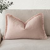 Foindtower Decorative Linen Fringe Lumbar Throw Pillow Covers Cozy Boho Farmhouse Cushion Cover with Tassel Soft Accent Pillowcase for Sofa Bed Living Room Home Decor, 12×20 Inch, 1PC,Light Pink