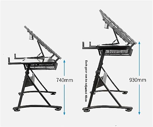 Multifunctional Glass Drafting Table Height Adjustable Drawing Desk W/ 2 Storage Drawer, Tiltable Desk Art Table