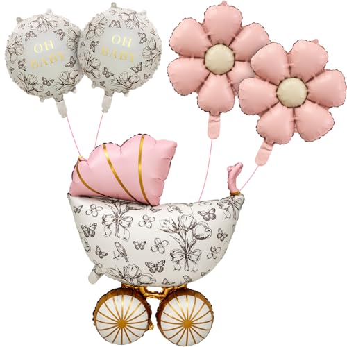5 Stück Rosa Babyparty Deko Mädchen, Oh Baby Deko, Vintage Babywagen Ballon