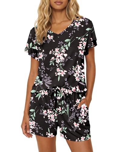 Ekouaer Pajamas Set Women Casual Ruffle Sleeves Soft Comfy Loungewear Set with Pockets,Medium,Black Florals