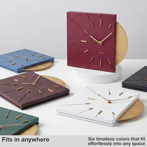 Image of Driini Red and Gold Mid Century Modern Wall Clock, Battery Operated | Square MCM face with a minimalist midcentury look. Contemporary decorative analog design for kitchen, office or living room