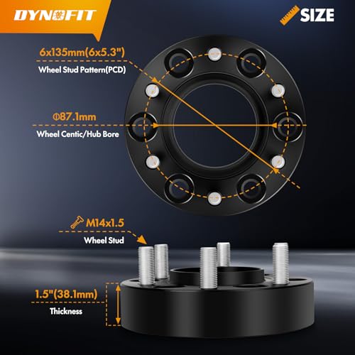 Image of Dynofit 1.5in 6x135 Hub-Centric Wheel Spacers for F150, 87.1mm Hub Bore, M14x1.5 Thread, Forged 6-Lug Wheel Adapters for 2015-2026 Ford F-150, Expedition & Navigator, 4 Piece Spacers