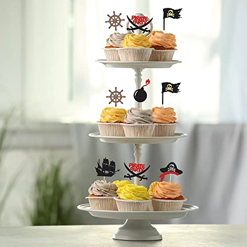 24Pcs Pirate Cupcake Toppers Black Glitter Nautical Sailing Skull Cap Cupcake Picks For Pirate Theme Baby Shower Kids Birthday Party Cake Decorations Supplies #TOP4