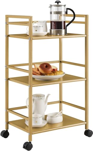 Image of WINSTAR Metal Rolling Trolley with Lockable Wheels | Heavy Duty Multifunctional Metal Frame Cart | Ideal for Home, Kitchen, Bathroom and Office Storage | (Gold, 3-Tier)