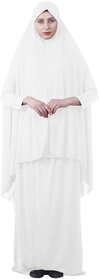 Women's Muslim Prayer Dress Hijab Scarf Islamic Abaya Dress Two-Piece Full Length Dress M White