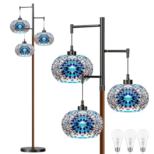 QIYIZM Turkish Floor Lamp for Living Room Bedroom Moroccan Mosaic Standing Lamp Stained Glass Lamps Black Mid Century Tall Lamps Unique Tree 3 Light Vintage Retro Wood Floor Lights Boho Tiffany Style