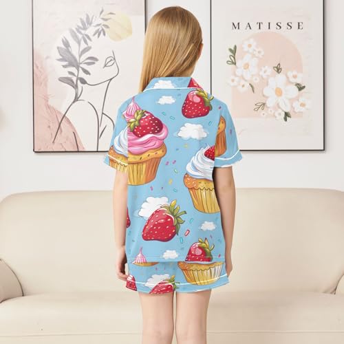Satin Pajama Sets Short Sleeve Cupcakes with Strawberries and Sprinkles Button Down Silky Nightwear 2 Piece PJS 5-14Y4
