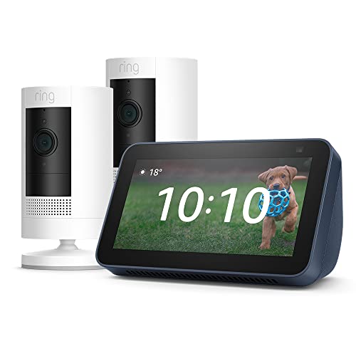 Ring Outdoor Kamera (Ring Stick Up Cam Battery) Weiß, 2er pack + Echo Show 5 (2. Generation, 2021) | Smart Display mit Alexa und 2-MP-Kamera | Blau
