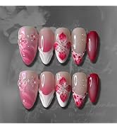 MISUD Press on Nails - Medium Almond Fake Nails with White French Tip, Acrylic Handmade Hot Pink ...
