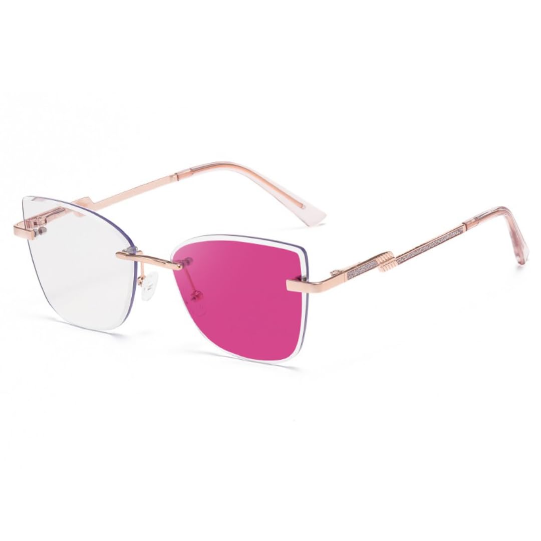 Gafas de sol de lujo sin montura con filtro de luz azul y efecto ojo de gato para mujer.