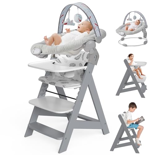 Image of Wooden High Chair with Baby Bouncer - Convertible Baby Highchair with Tray - Adjustable High Chair for Babies/Toddlers/6 Months - Water Resistant Natural Wood Grey