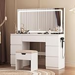 TRIUMPHKEY Dressing Table with Stool,Large LED Mirror,Adjustable Brightness,Vanity Table Makeup Desk with 7 Drawers and Power Outlet for Home Furniture,White