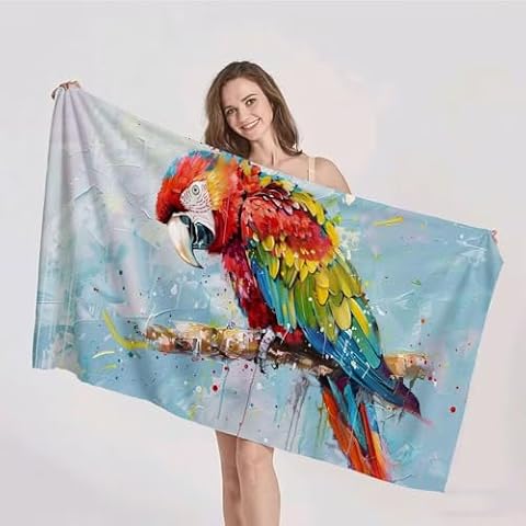 Duushuait Duży ręcznik plażowy z mikrofibry 100 x 200 cm niebieska papuga ręcznik gimnastyczny szybkoschnący, antypiaskowy, chłonny, cienkie i kompaktowe ręczniki plażowe dla kobiet mężczyzn, podróży