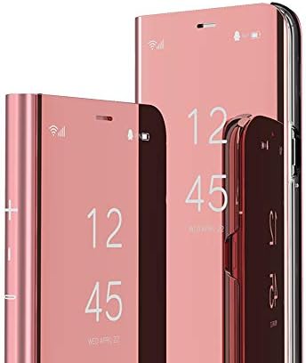 GYHOYA Compatible with Samsung Galaxy A50 Case with Kickstand Leather Clear View Makeup Mirror Design Glitter Luxury Shockproof Protective Flip Phone Case for Samsung Galaxy A50 Mirror Rose Gold QH