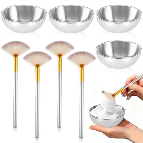 DLUGOPIS 8 Pcs Black Facial Bowl and Brush Set 4 Black Stainless Steel Mixing Bowls 4 Facial Fan Brushes Esthetician Facial Mixing Bowls Esthetician Face Mask Brush for Mud Cream Spa Salon (8 Pcs)
