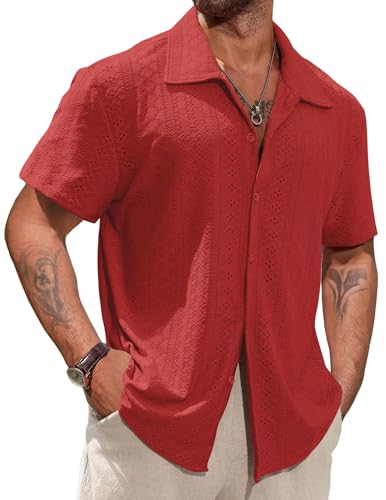 Vssjavun Mens Short Sleeve Button Down Shirts Casual Hollow Out Summer Beach Shirt