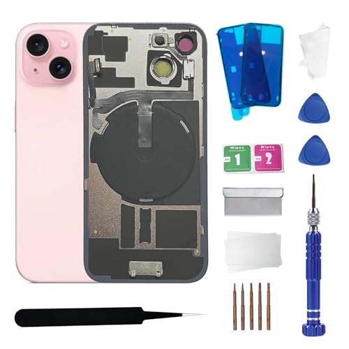 ZNZHKR 15 Back Glass Replacement with Wireless Charging Flex Cable and Camera Frame All Parts for iPhone 15(6.1Inch,Pink) Replacement of Equipment Waterproof Tape