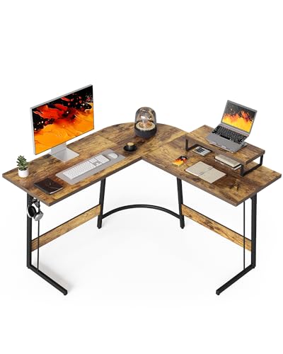 CubiCubi Mesa de gaming de esquina, 120 x 120 cm, escritorio en forma de L para juegos, mesa esquinera con soporte para monitor, ahorra espacio, fácil de montar, color marrón vintage