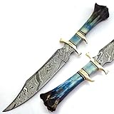 Handmade Damascus Steel Hunting Knife with Camel Bone Handle, Full Tang, Fixed Blade, Damascus Bowie Knife long handled, Sheath Included, Use For Skinning Hunting And Camping