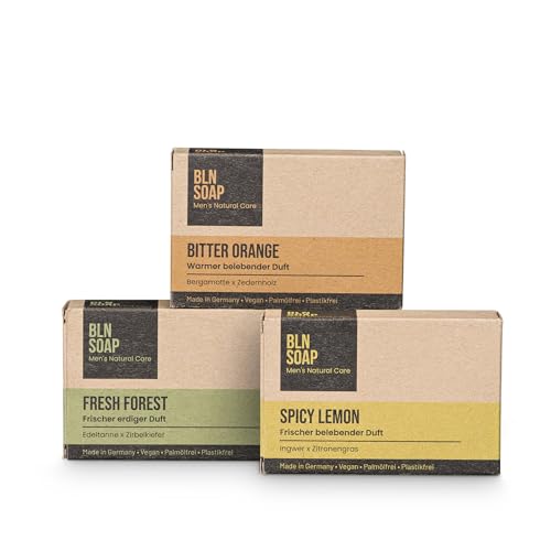 Männerseife-Set: Natürliche feste Seifen für Männer - Starter-Set Herren - 3-in-1 Duschseife für Hand, Körper und Haare - Geschenkset - Shampoo Mann - Vegan, ohne Plastik, 3 x 135 g - BLN SOAP