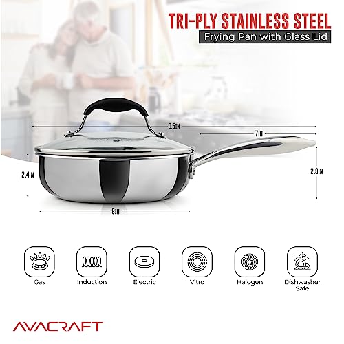 image for AVACRAFT 8 Inch Tri-Ply Stainless Steel Frying Pan with Lid, Side Spou