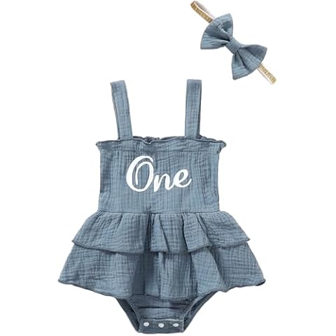 Singcoco Baby Girl First Birthday Outfit 1st Birthday Clothes Dress One Year Old Birthday Sleeveless Bodysuit (Blue,6-12 Months) Cover