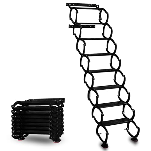 8 Steps Wall Mounted Folding Ladder, Indoor and Outdoor Step Ladders, Retractable Folding Stairs, Portable Camping Staircase, Pull-Down System Attic Ladder, for RV, Storehouse (Black, 8)