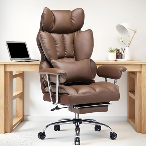 Image of Efomao Desk Office Chair Big High Back Chair PU Leather Computer Chair Managerial Executive Swivel Chair with Lumbar Support (Brown)
