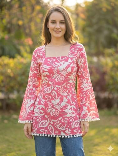 Image of Women's Premium Viscose Rayon Floral Printed Short Kurti | Stylish Bell Sleeves with Pom-Pom Lace | Teal Blue Tunic Top for Jeans & Office Wear