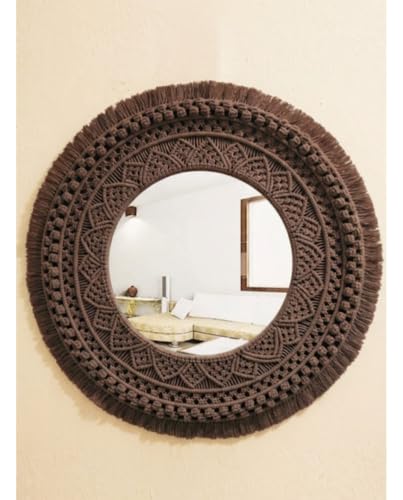 Image of Handmade Cotton Macrame Wall Hanging Glass Mirror with Boho Fringes, Bohemian Art Decorative Aina for Make-Up, Living Room, Bedroom (Brown)