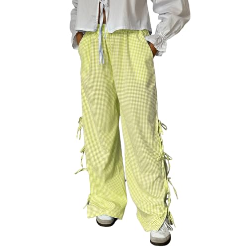 Image of Y2K Gingham Pants for Women Bow Tie Side Slit Wide Leg Lounge Bottom Plaid Checkered Loose Fit Going Out Pants