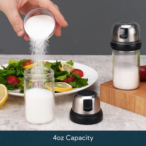 Image of KTCHENDAO 2 in 1 Glass Salt Shaker with Side Pour Spout, Built-in Lid to Slow Down Dampness with Mearsuring Marks, Elegant Borosilicate Glass Salt Dispenser for Kitchen,BPA Free,4oz (Black)