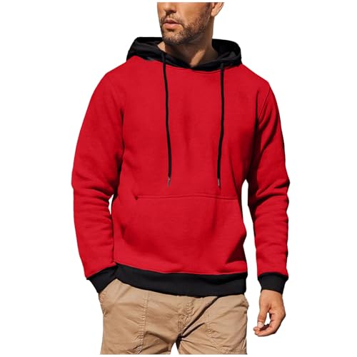 Mens Fall Winter Hoodies Trendy Patchwork Pullover Fleece Color Block Long Sleeve Sweatshirts Casual Tops with Pocket