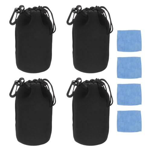 PATIKIL 4 Pcs Camera Lens Pouch, 4\" ID x 7\" H Drawstring Lens Pouch Protective Camera Lens Case Bag Soft Plush Neoprene Bag for DSLR Photography Gear, Black