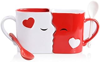 Kissing Mugs Set, Anniversary & Wedding Gifts, Exquisitely Crafted Large Red & White Cups & Spoons for Couples, Him and Her for Valentine's Day, Birthday, Christmas, Mr & Mrs Home Decor by Blu Devil