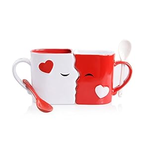 Kissing Mugs Set Anniversary Wedding Gifts Exquisitely Crafted Two Large Cups Spoons for Couples For Him and Her on Valentines Birthday Engagement by Blu Devil