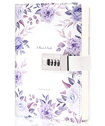 CAGIE Diary with Lock for Women Personal Diary Girl Secret Diary with Combination Lock Floral Leather Lock Diary Refillable Lock Journal Romantic Personal Password Lock Diary, Purple Rose