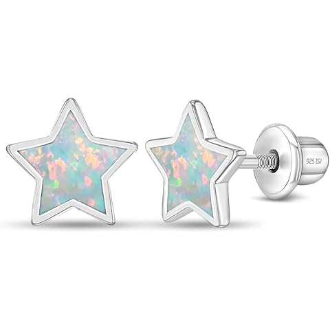 925 Sterling Silver Simulated Opal Star Screw Back Earrings for Little Girls, Pre-Teens and Teens 8mm - Celestial Star Earrings for Girls - Glittering Earrings for Young Girls