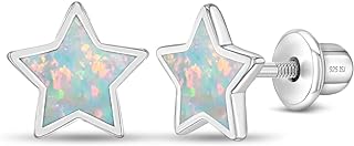 925 Sterling Silver Simulated Opal Star Screw Back Earrings for Little Girls, Pre-Teens and Teens 8mm - White Celestial Star Earrings for Girls - Glittering Earrings for Young Girls Special Occasion