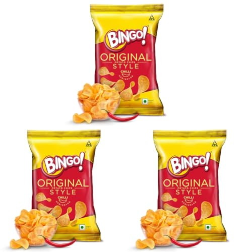 Image of Bingo! Original Style Chilli Sprinkled - Flat Cut Spicy Potato Chips Pack for Snacks, 90g /85gram /90.7G(Weight may vary) (Pack of 3)