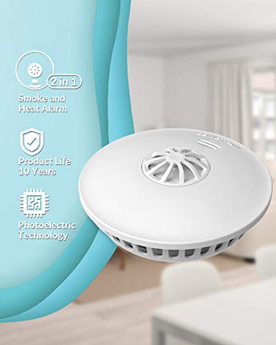 Ecoey Fire Alarms Smoke Detectors , 10-Year Smoke And Heat Detector With Built-In Battery For Home Bedroom And Kitchen, Smoke Detector And Heat Alarm With Easy Install And Test Button, Fj192,1 Pack #TOP5