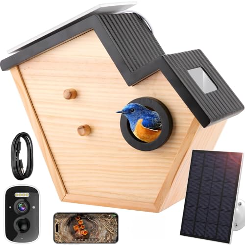 Bird House with Camera,Birdhouses for Outdoors Waterproof Solar Powered, 2K HD AI Camera Recognition for Over 10,000 Species, Real-time Videos & Pictures, Birdhouse Kit for Bird Lovers (Black)