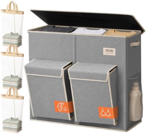 SOLEDI 220L Wäschekorb mit Deckel, Wäschesammler 3 Fächer mit 2 Seitentaschen, Laundr Baskets mit 3 Wäschesack, Wäschesortierer Groß XXXL für Badezimmer, Schlafzimmer, Waschküche