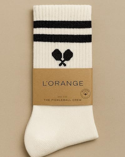 L’ORANGE Court Crew Pickleball Socks – 4-Pack | Premium Cotton Athletic Crew Socks for Men & Women | Neutral Tones, Varsity Stripe | Cushioned, Breathable, Stylish Gift Set4