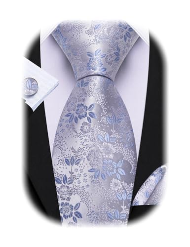 Image of Barry.Wang Flower Ties for Men Silk Woven Floral Tie Sets Necktie Handkerchief Cufflinks Wedding Party